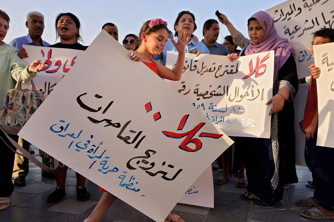 "Nej till barnäktenskap". Demonstration i Bagdad. Foto: AFP/TT